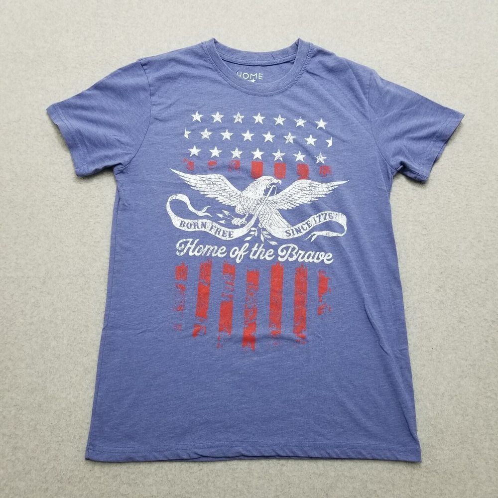 Home Of The Brave Shirt Mens Medium Blue Short Sleeve Crew Neck USA‎ Flag Eagle